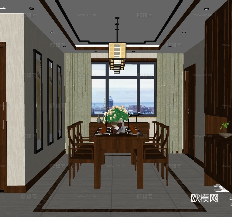 新中式餐厅su模型下载