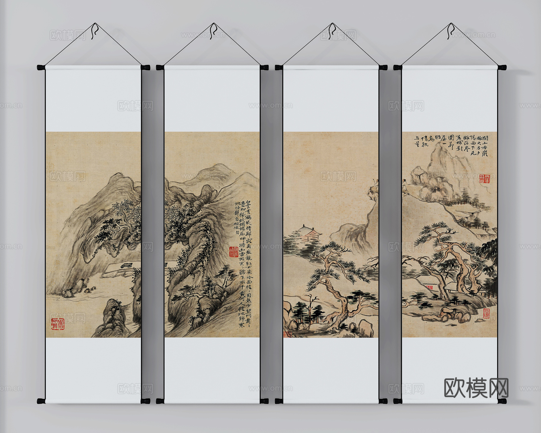 新中式卷轴山水装饰画su模型下载
