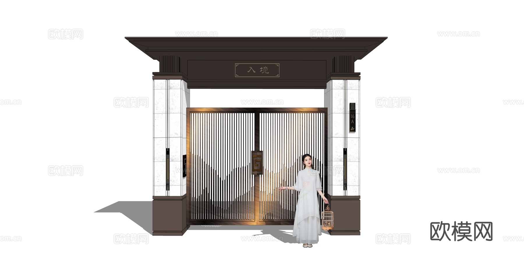 新中式双开大门su模型下载