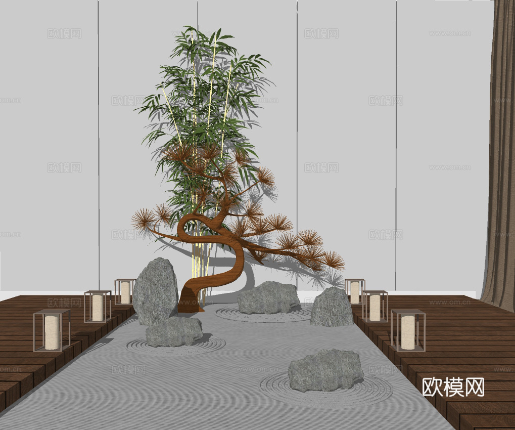新中式枯山水园艺小品su模型下载