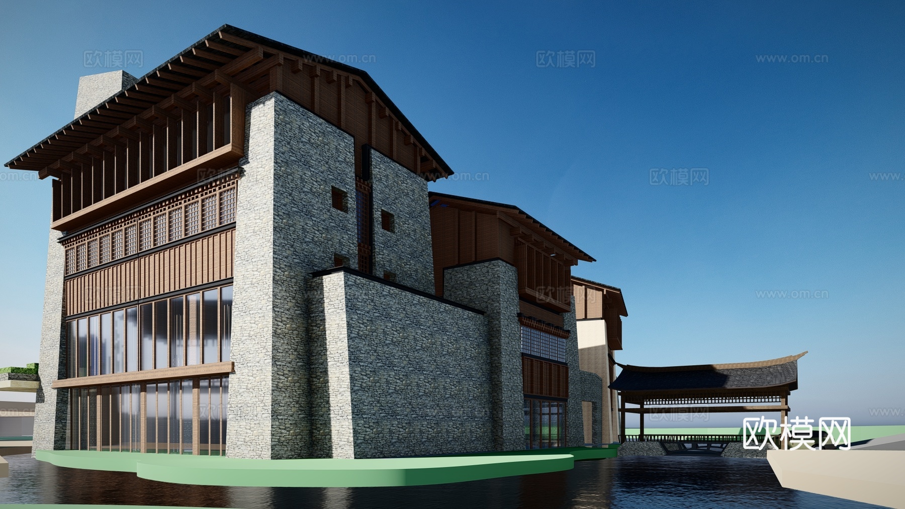 新中式酒店建筑外观su模型下载