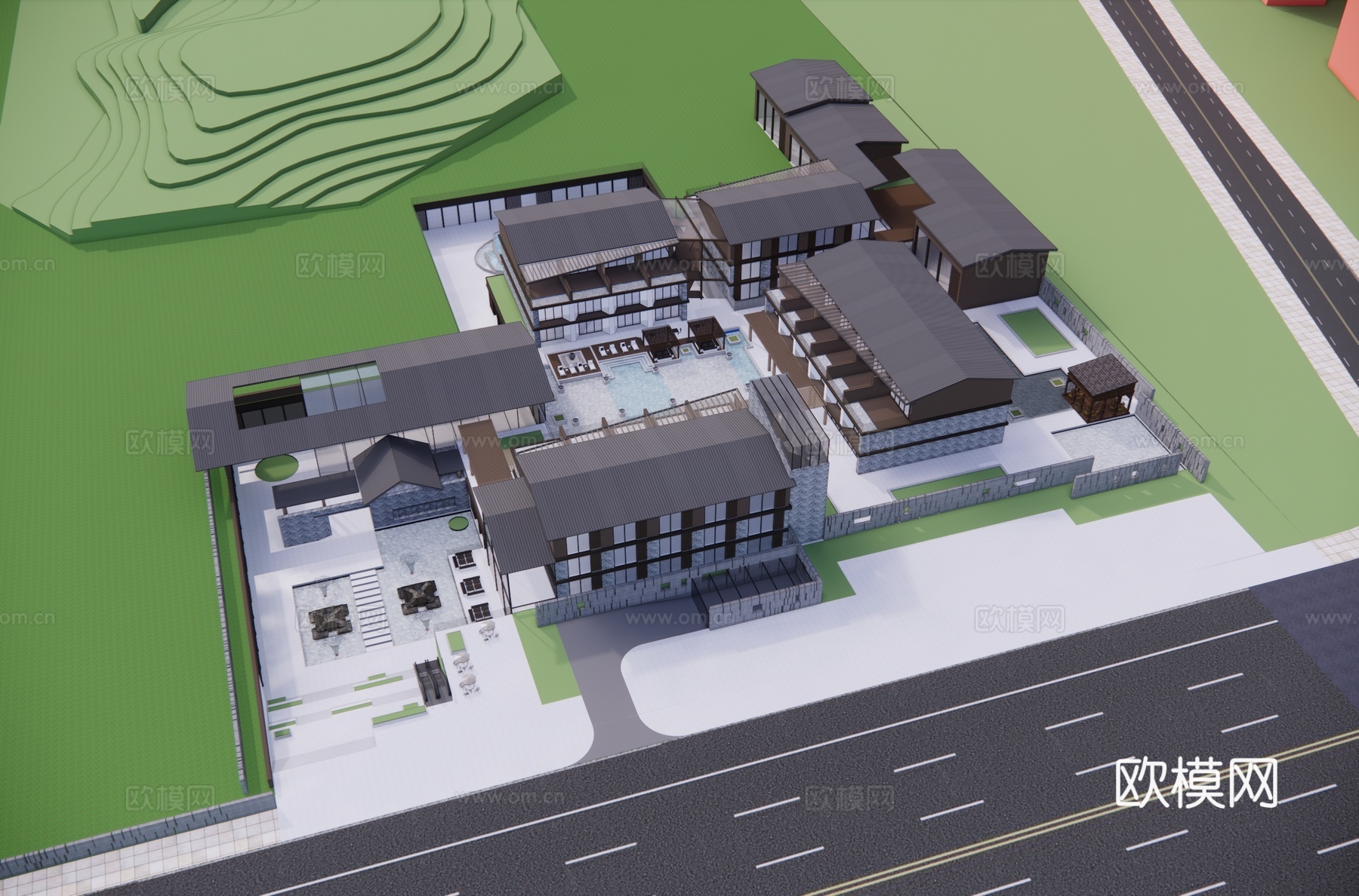 新中式民宿客栈酒店建筑外观su模型下载