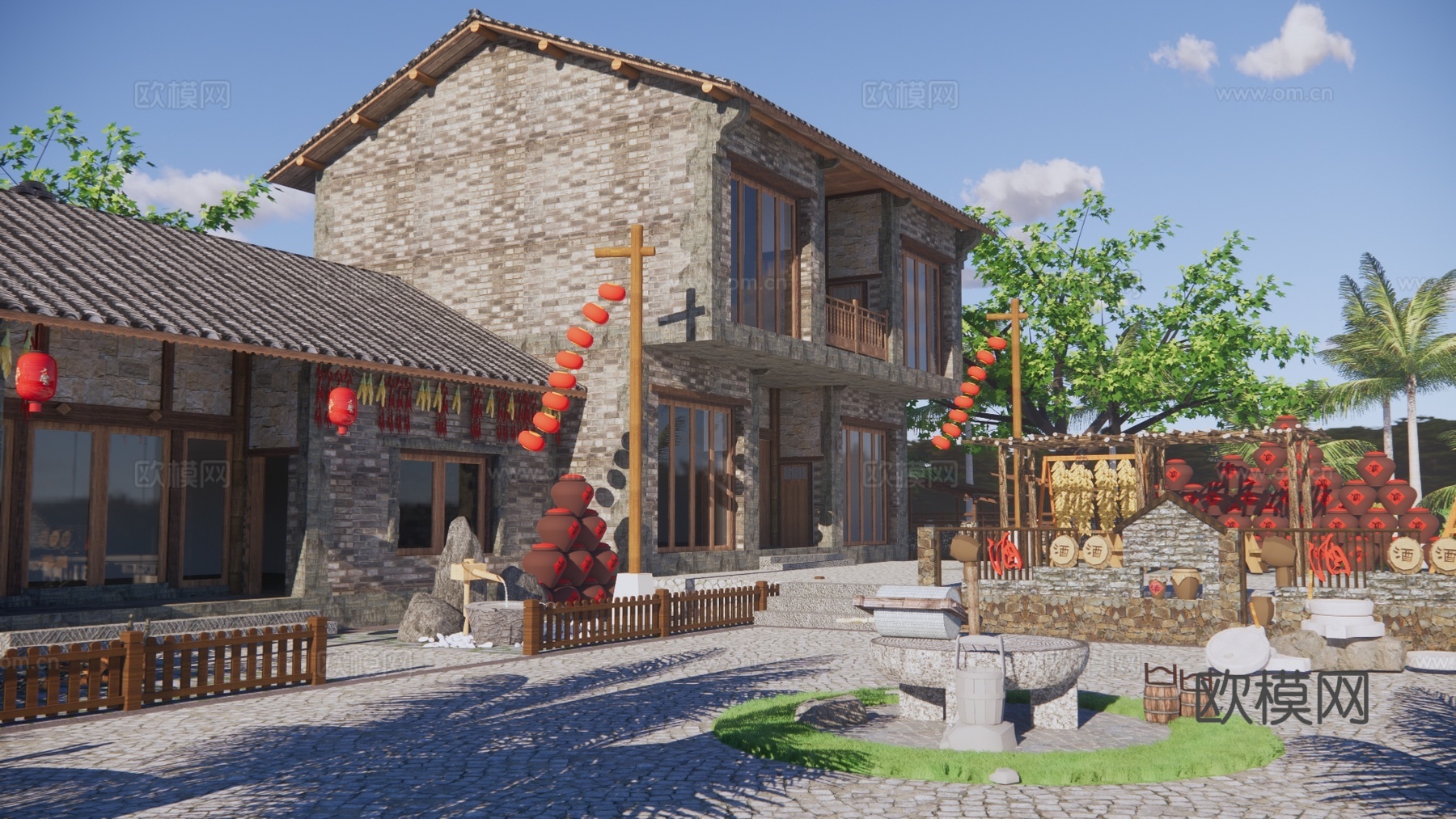 新中式乡村酒坊建筑外观su模型下载