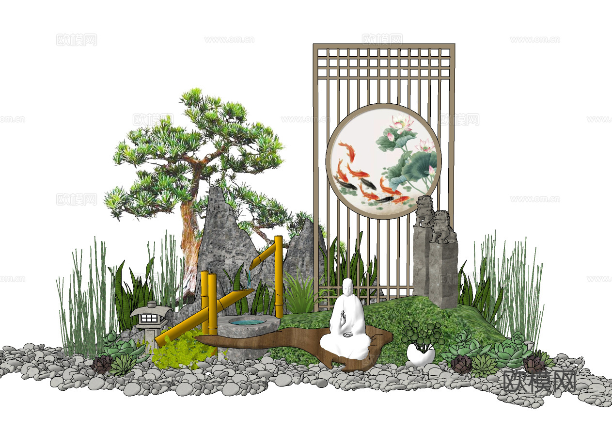 新中式禅意景观小品su模型下载