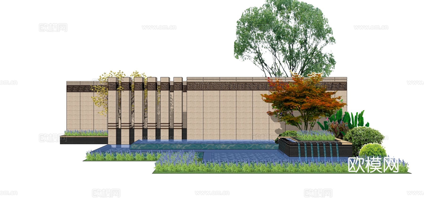 现代水池景观墙su模型下载