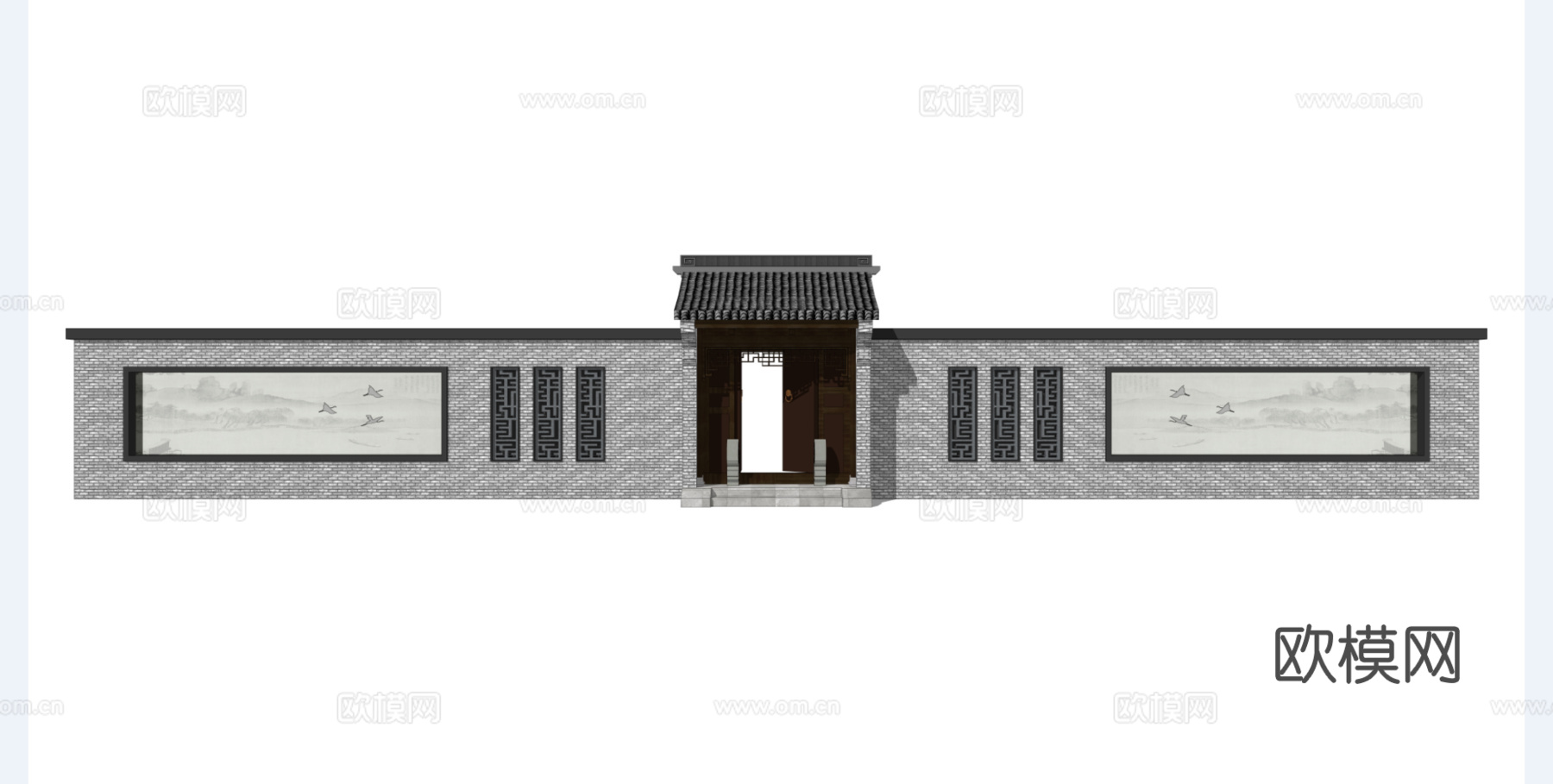 新中式围墙大门su模型下载