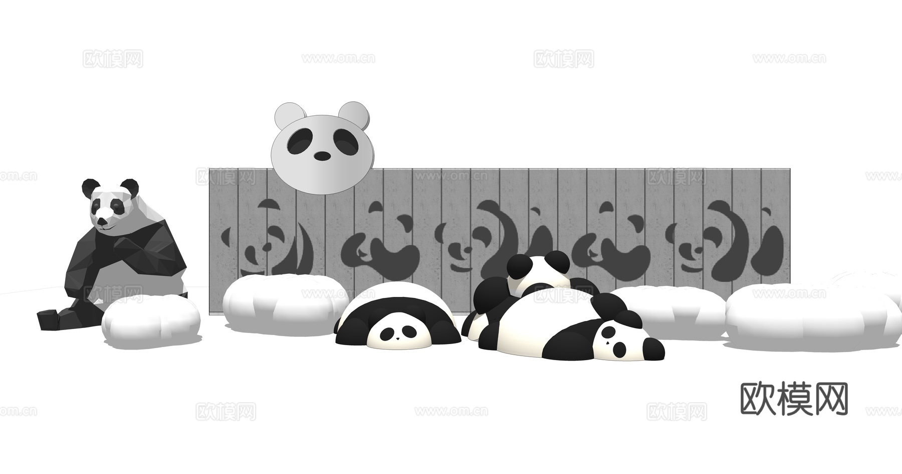 现代熊猫景墙园艺小品su模型下载