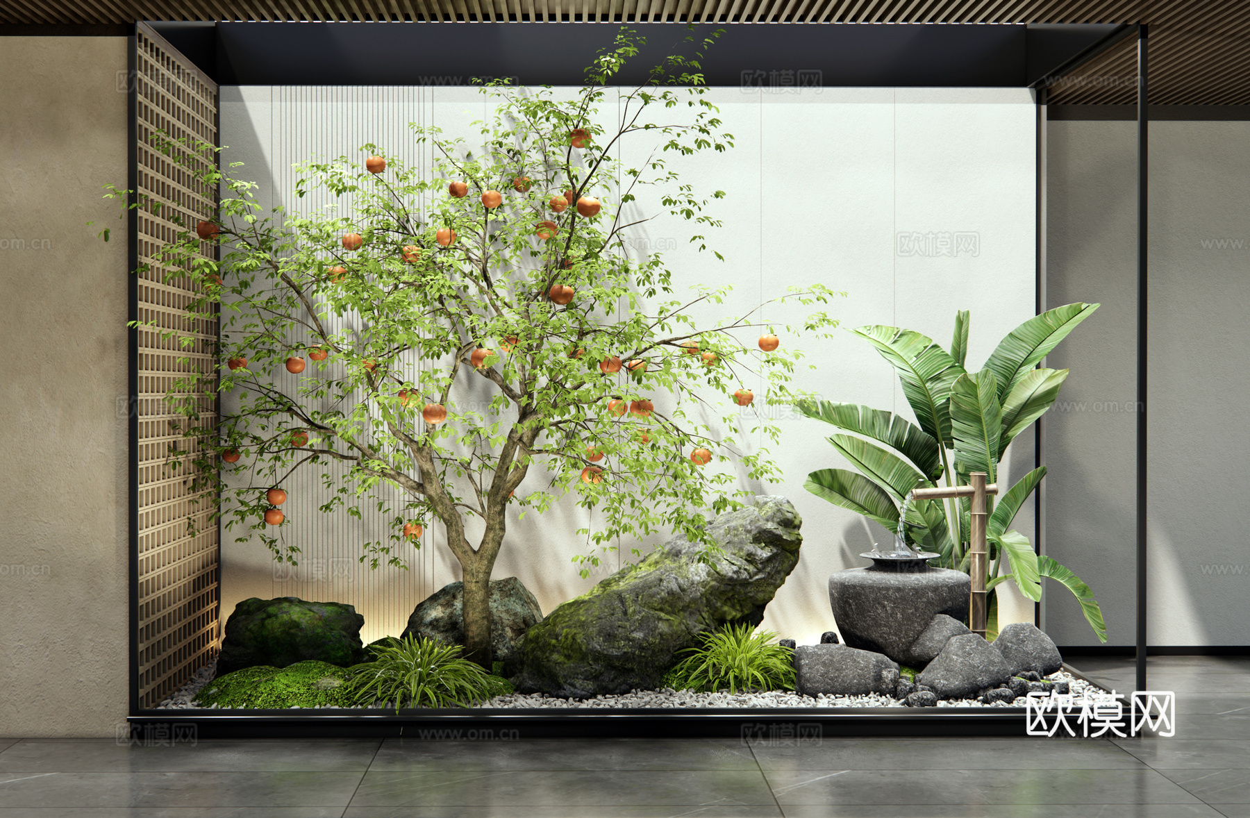 现代室内植物景观 柿子树 果树 景观石头 庭院小品 水景su模型