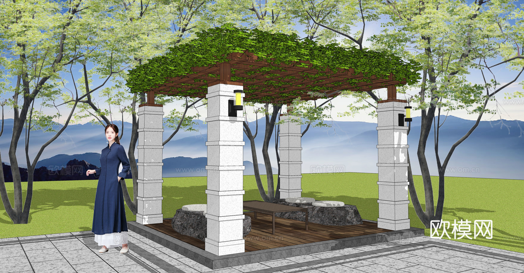 现代攀爬植物廊架su模型下载