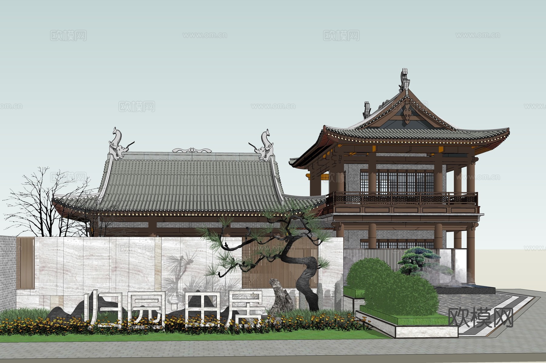 中式古建酒店外观su模型下载