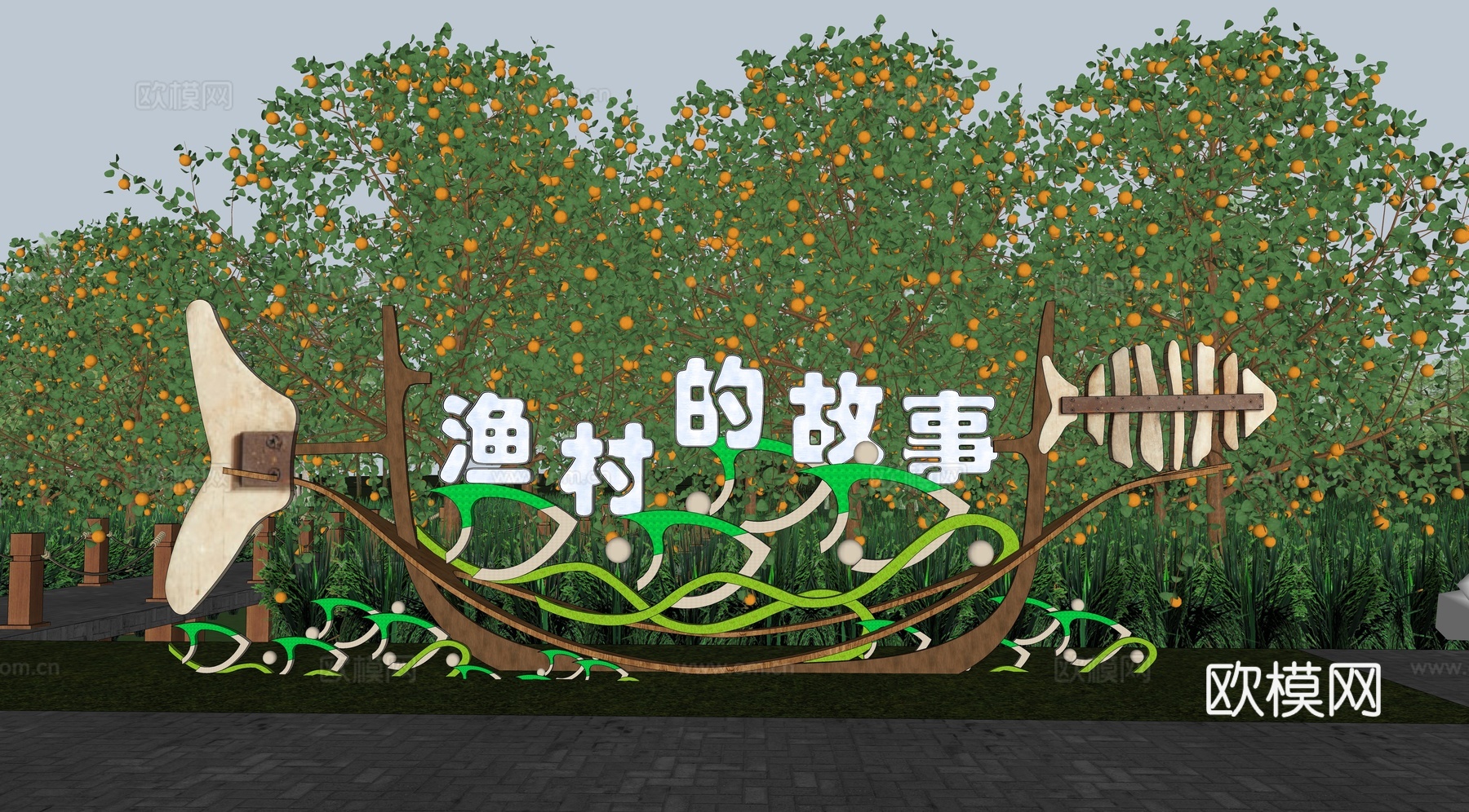 新中式渔文化民俗景观小品su模型下载