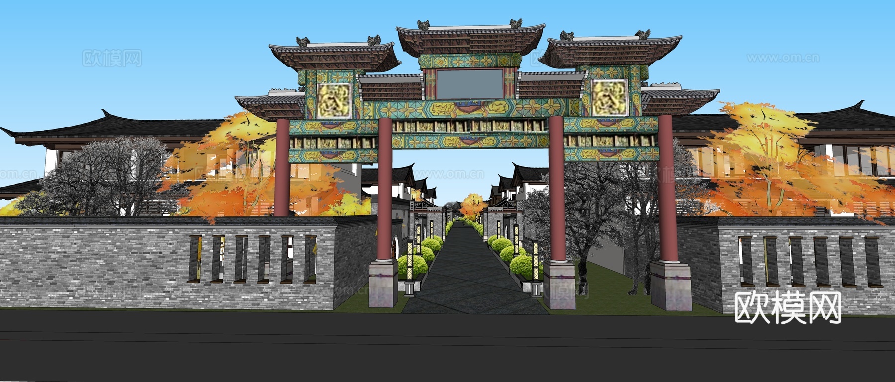 新中式别墅小区外观su模型下载