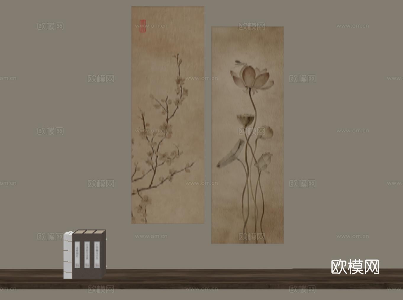 新中式古韵挂画 禅意装饰画 宋代植物画 荷花 植物画su模型