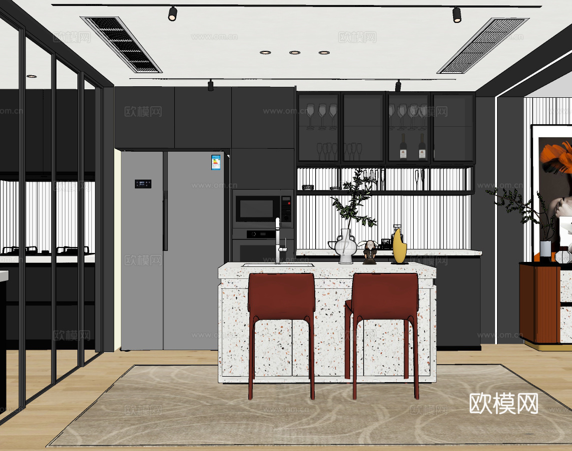 现代中岛餐厅su模型下载