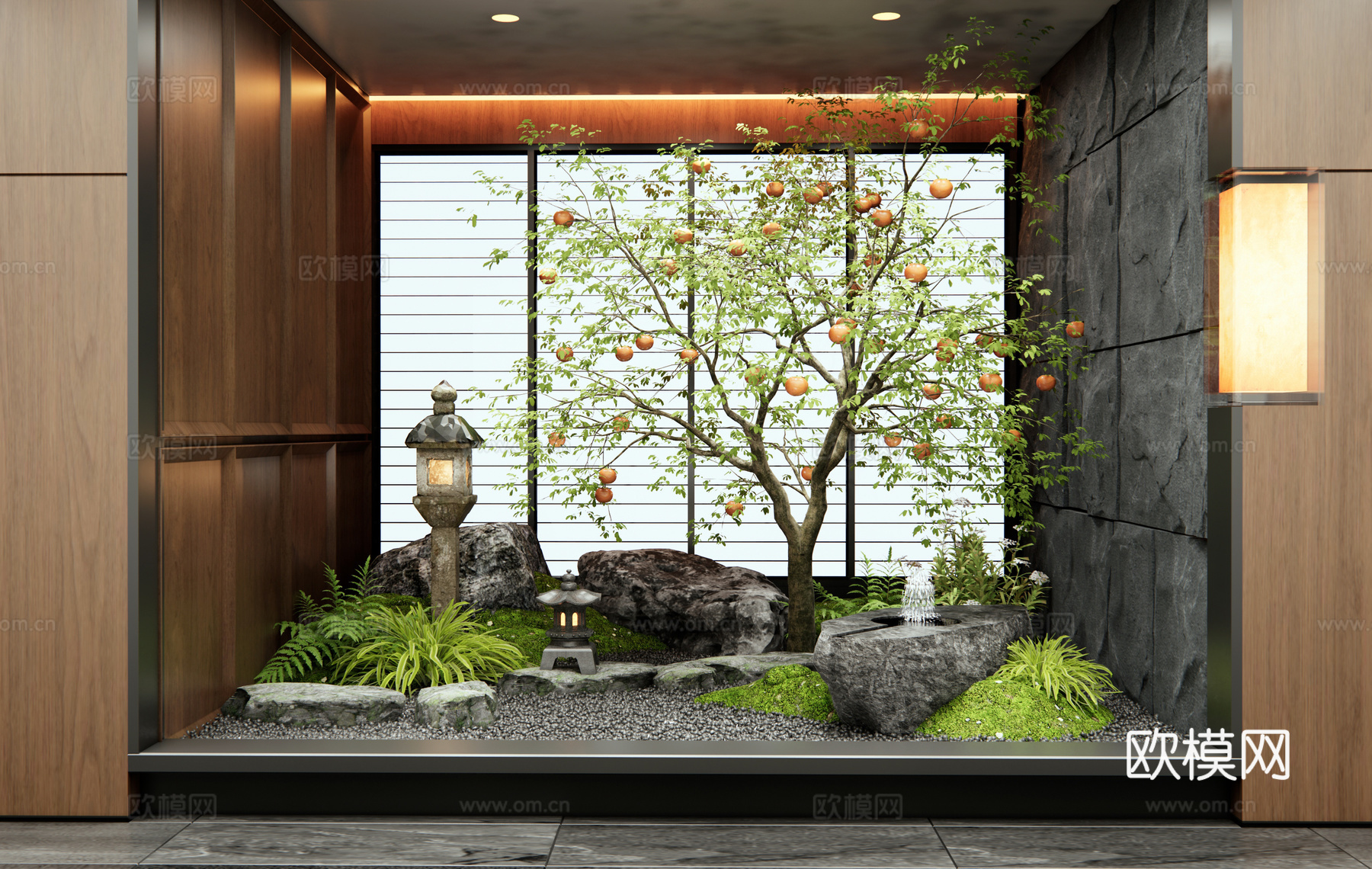 现代室内景观 柿子树 果树 景观石头 水景水钵 汀步 植物su模型