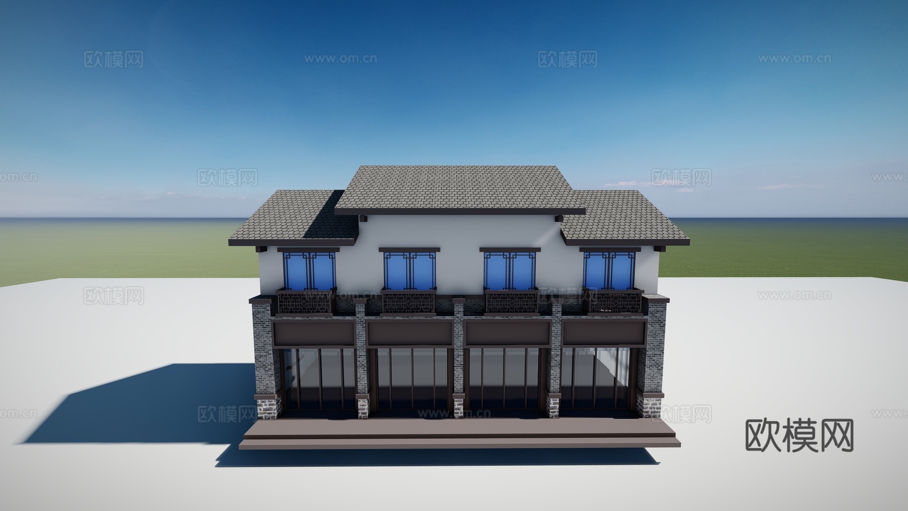 新中式古建商铺外观su模型下载