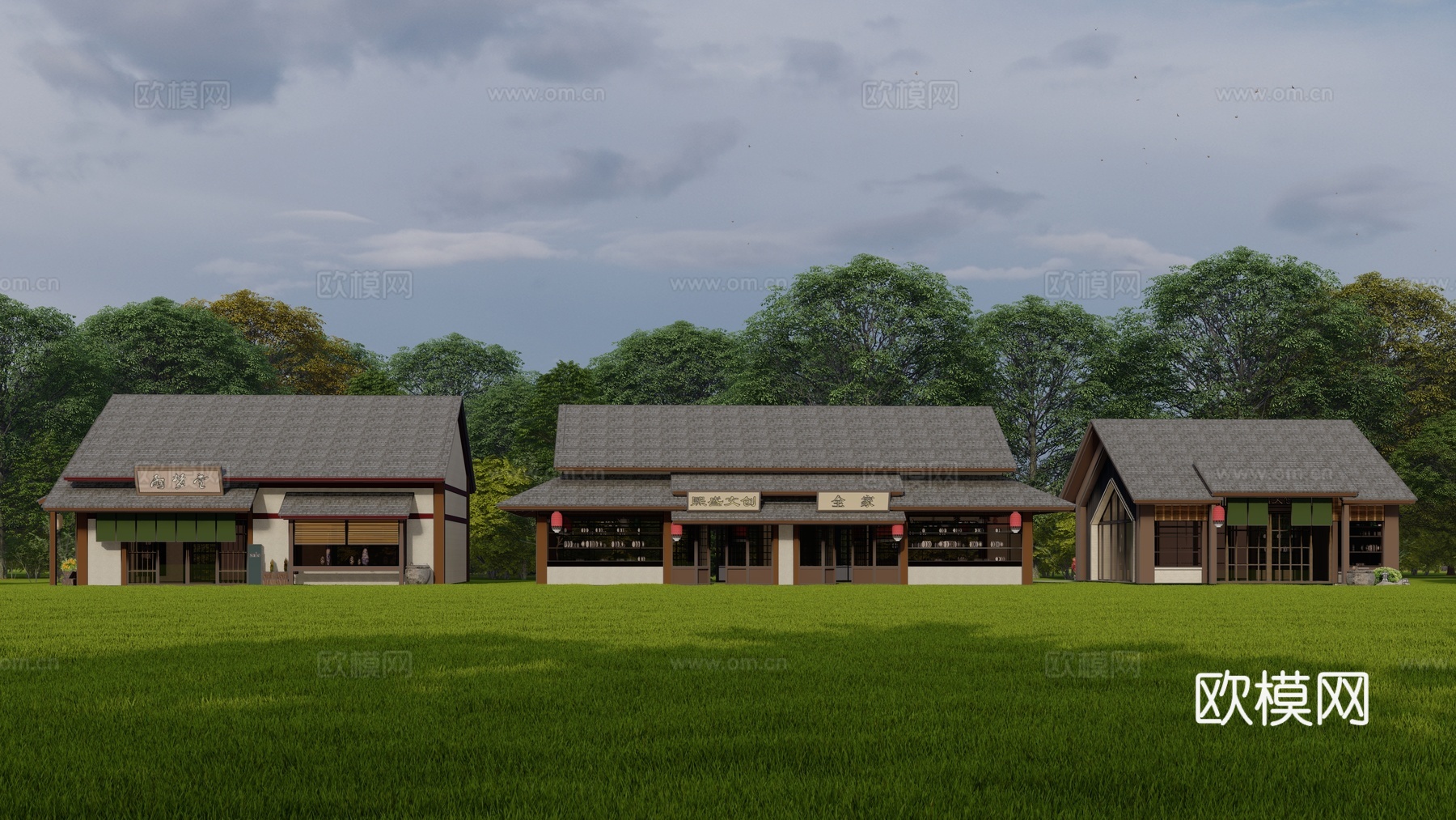 新中式商铺建筑外观su模型下载
