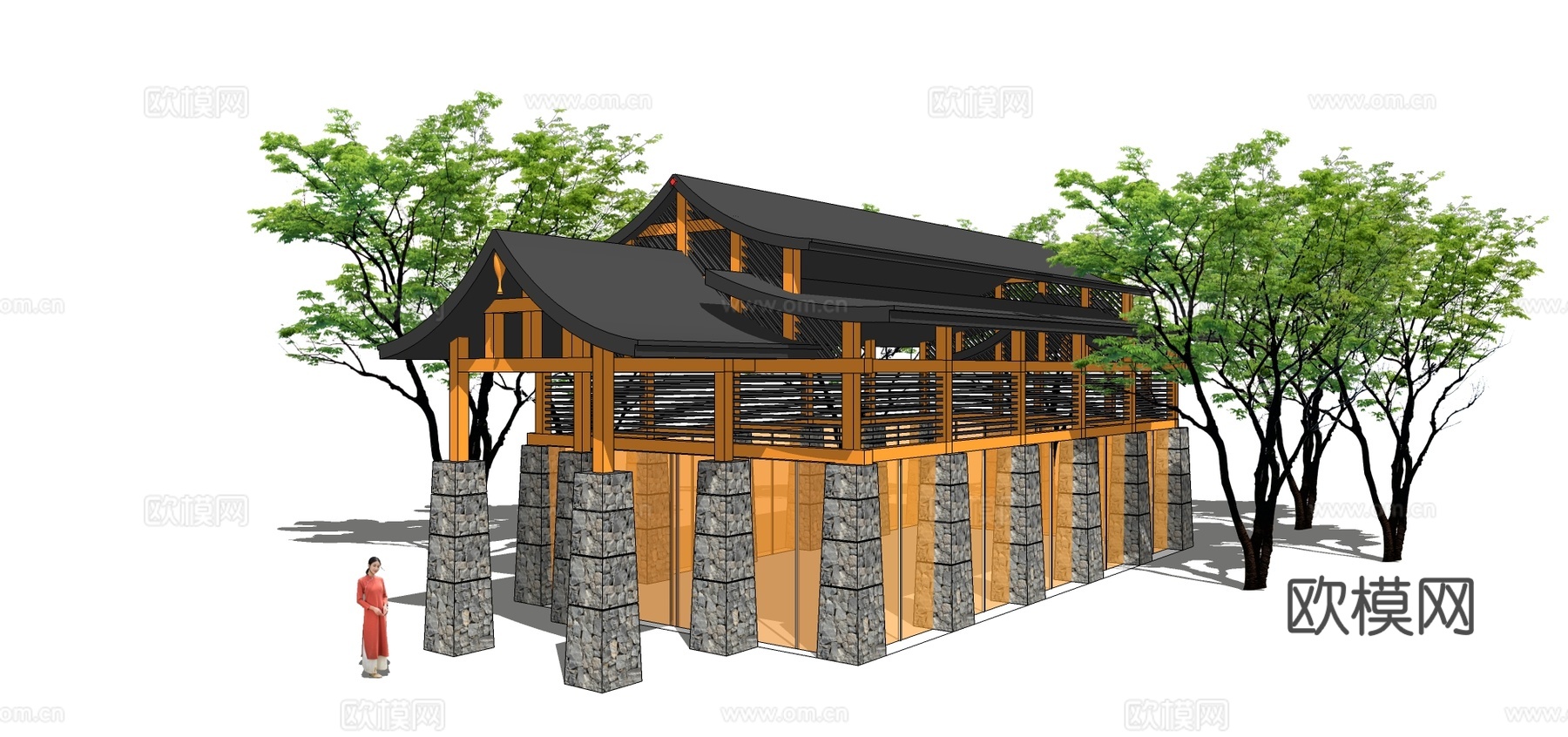新中式仿古建筑外观su模型下载