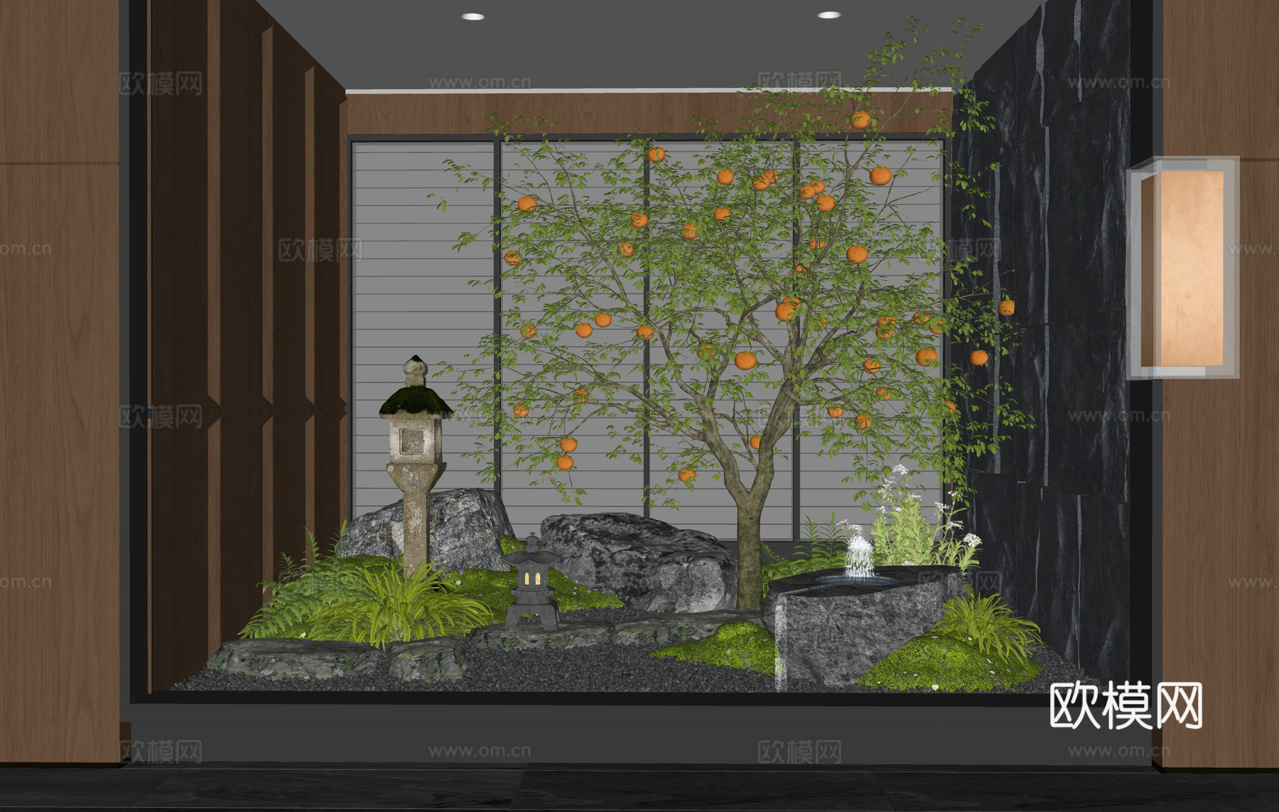 现代室内景观 柿子树 果树 景观石头 水景水钵 汀步 植物su模型