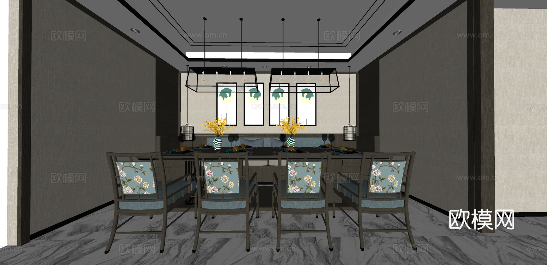 新中式餐厅su模型下载