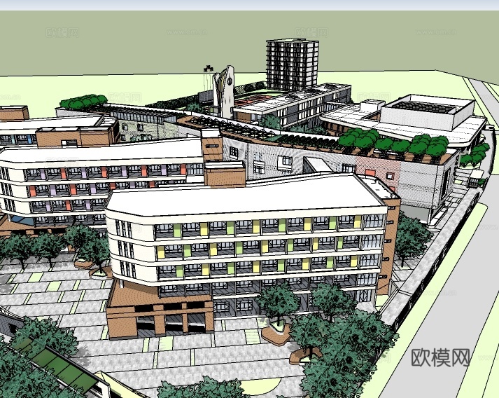 现代学校建筑外观su模型下载