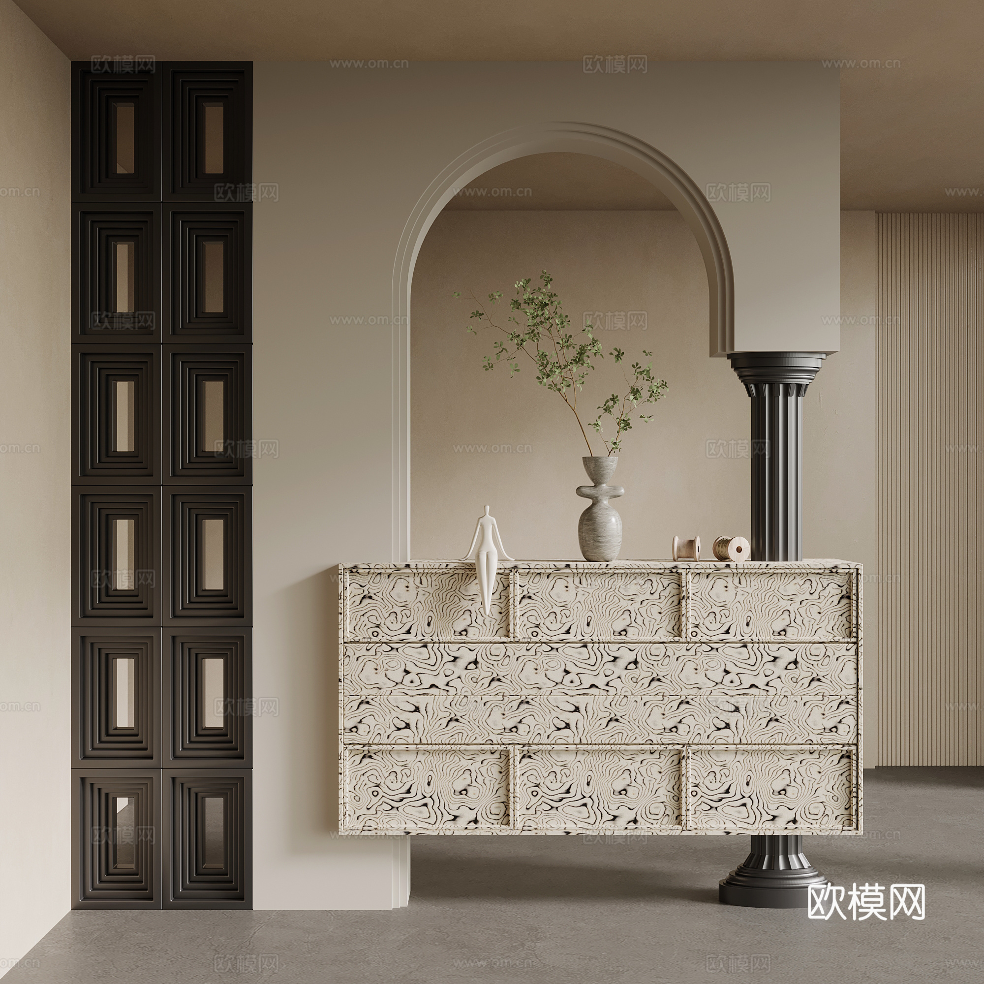 中古风玄关 入户玄关隔断su模型