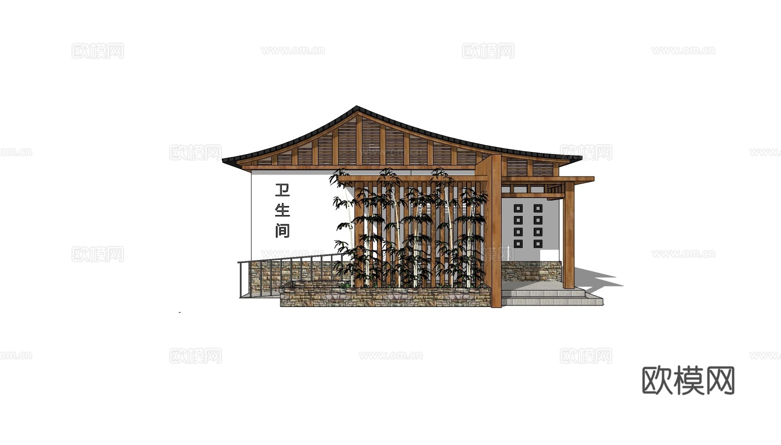 新中式公厕建筑外观su模型下载