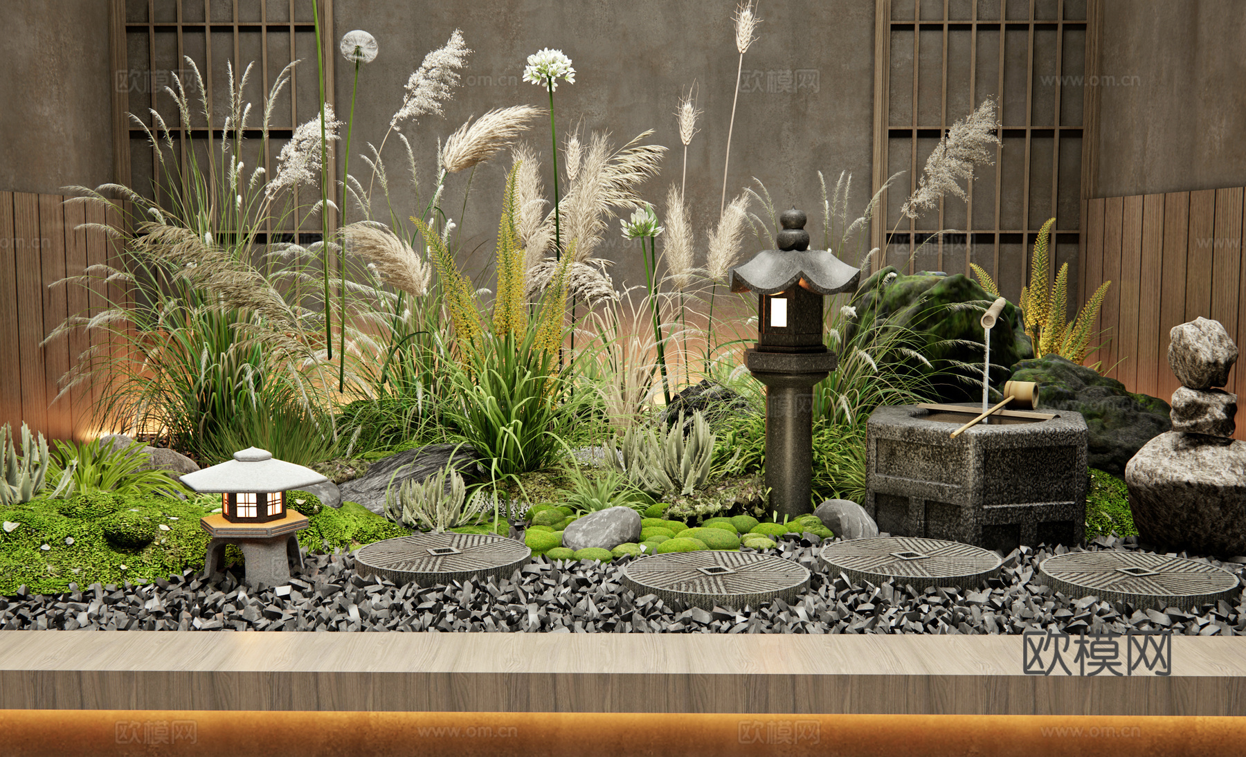日式室内景观 庭院小品 芦苇 植物组合 汀步 石头水钵 花境su模型