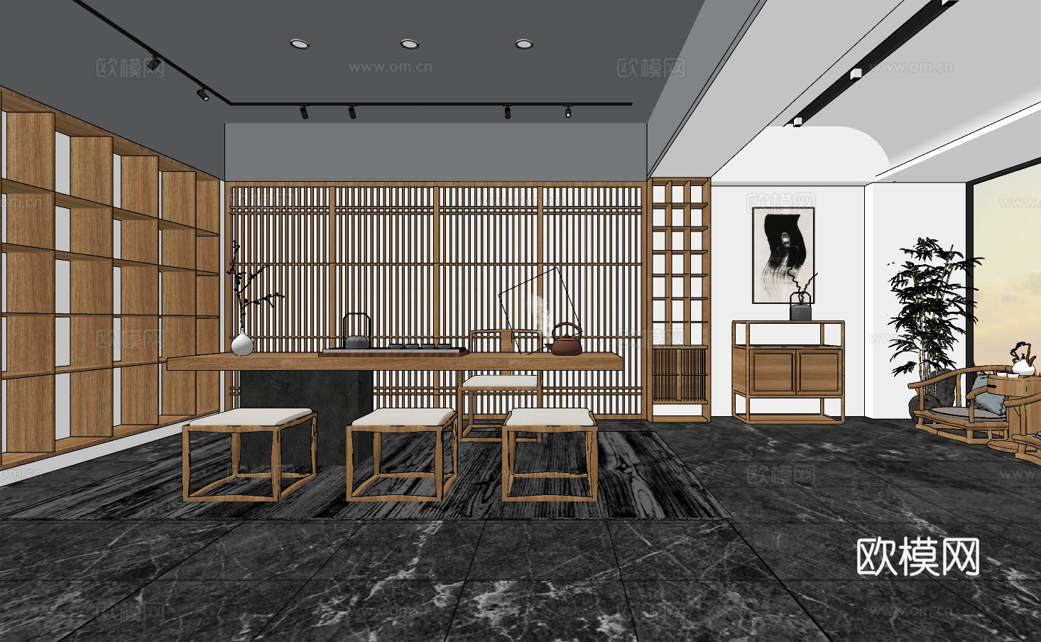 新中式茶室su模型下载