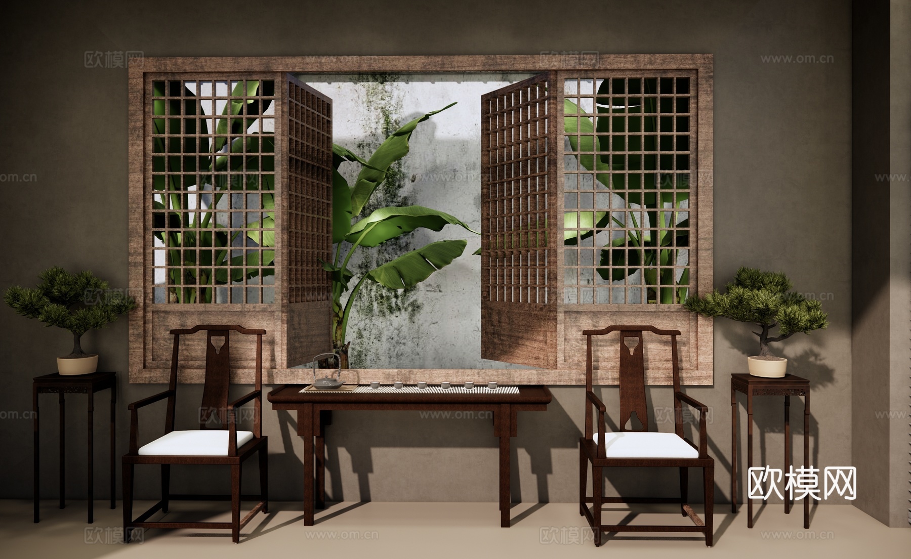 新中式茶室 中式镂空木窗 中式园林窗景 庭园竹林竹子 茶具茶su模型