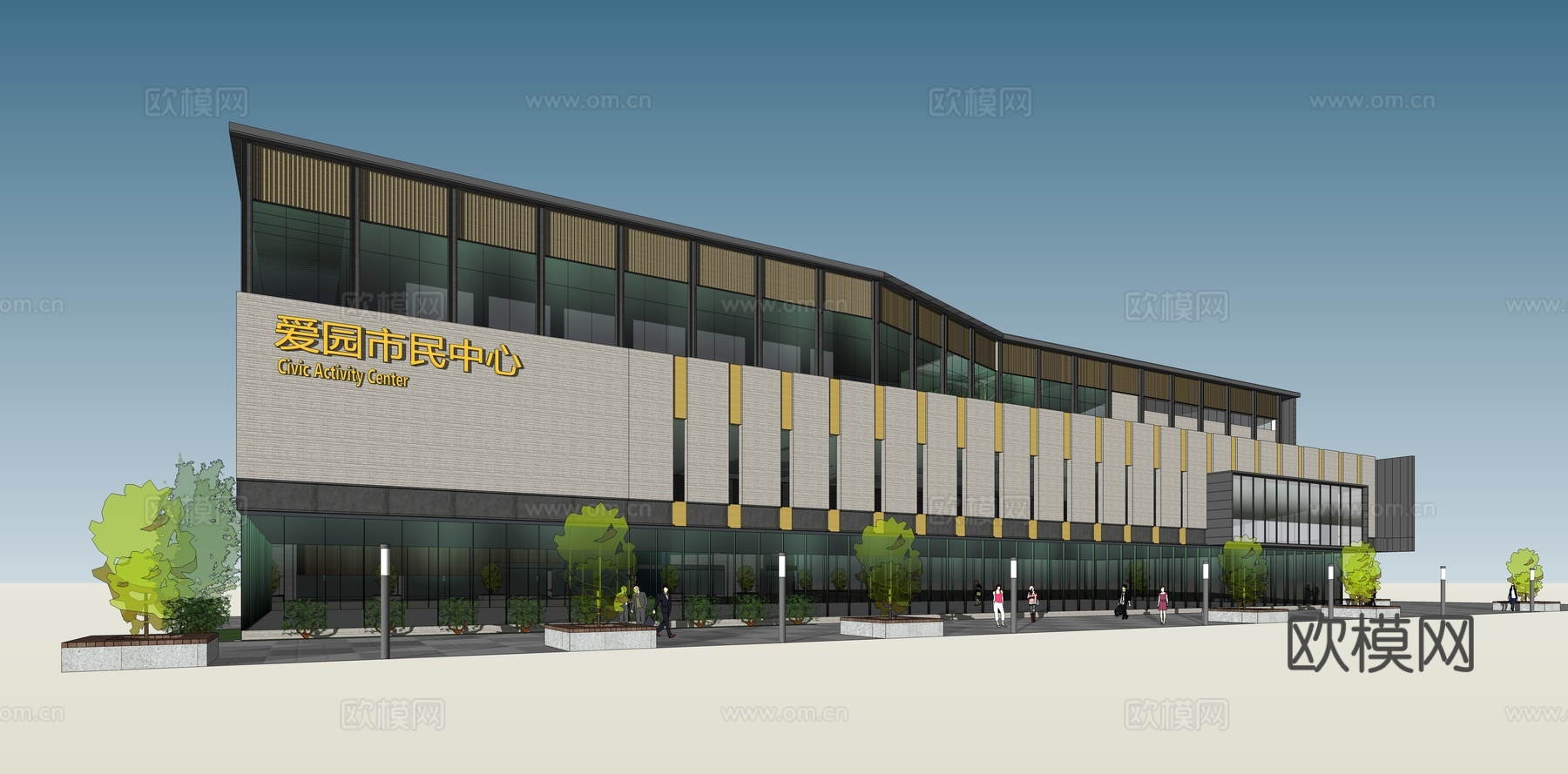 现代活动中心建筑外观su模型下载