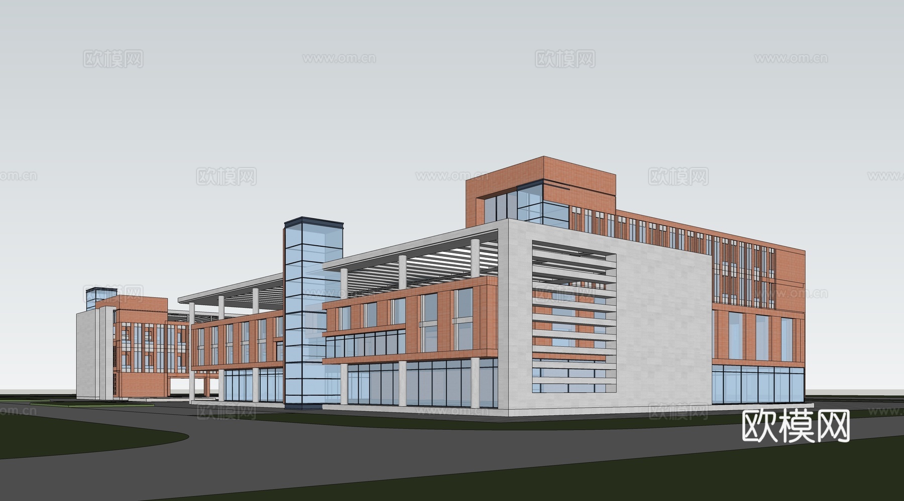 现代学校建筑外观su模型下载