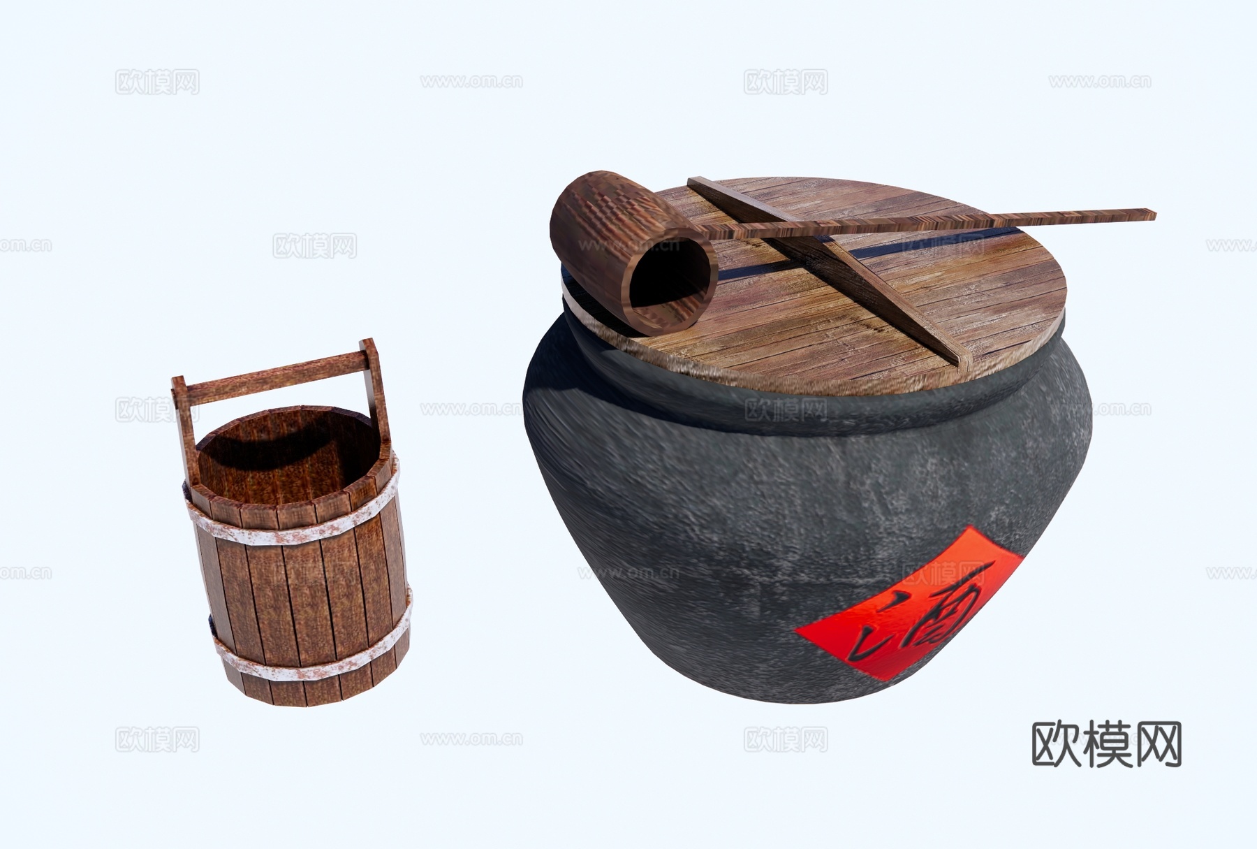 中式庭院小品 中式老旧水缸 酒缸酒坛 酿酒坛子 老物件 木桶su模型