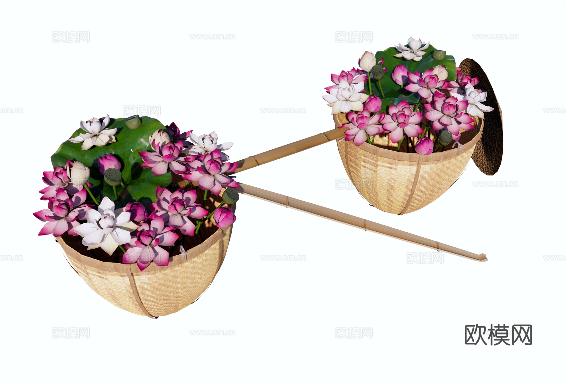 现代其他小品 扁担箩筐荷花 荷花担子 荷花荷叶莲蓬 贩卖荷花su模型