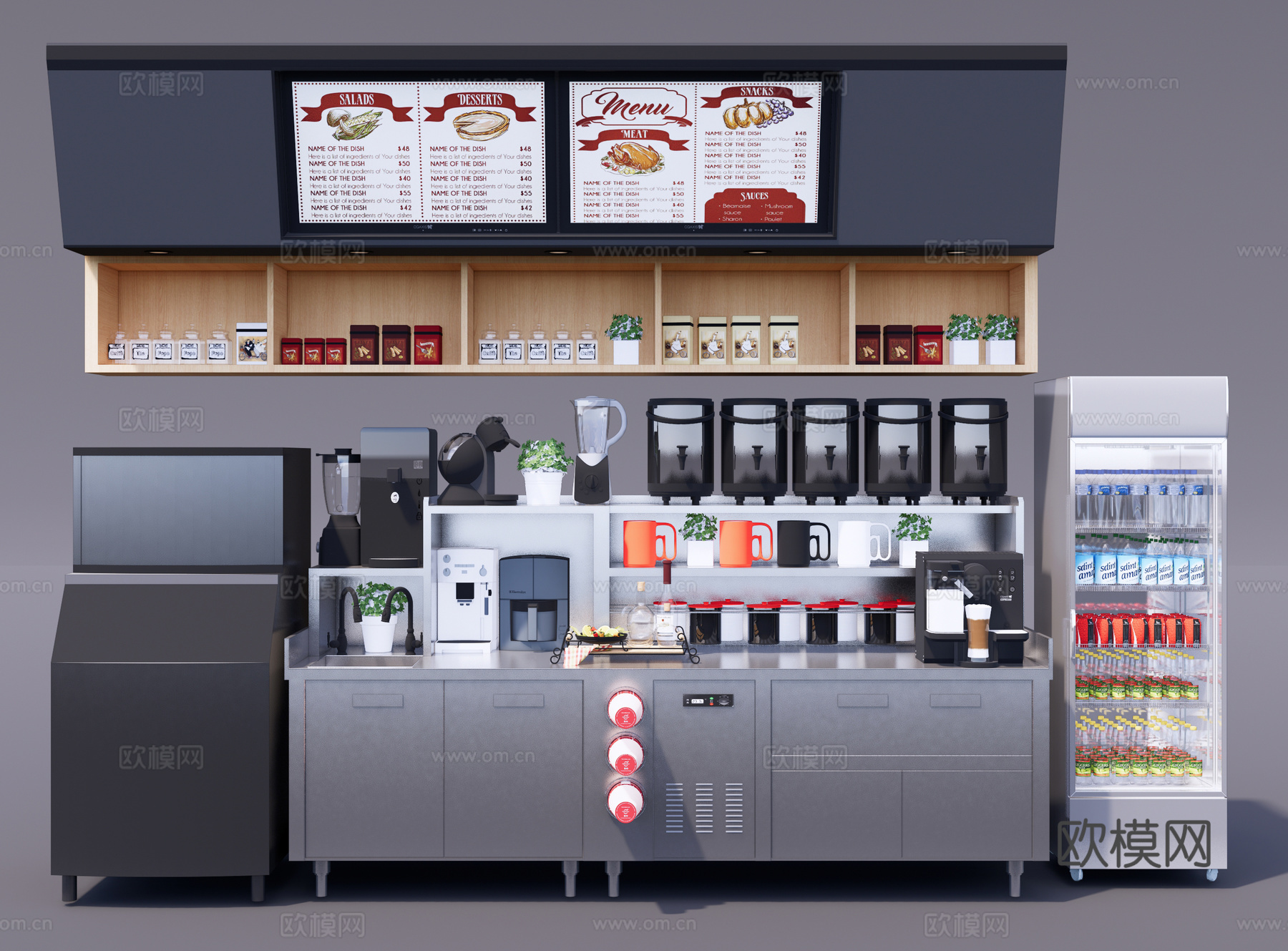 现代奶茶店 奶茶操作台 厨房器具工作台 水吧奶茶桶 饮料冷柜su模型下载