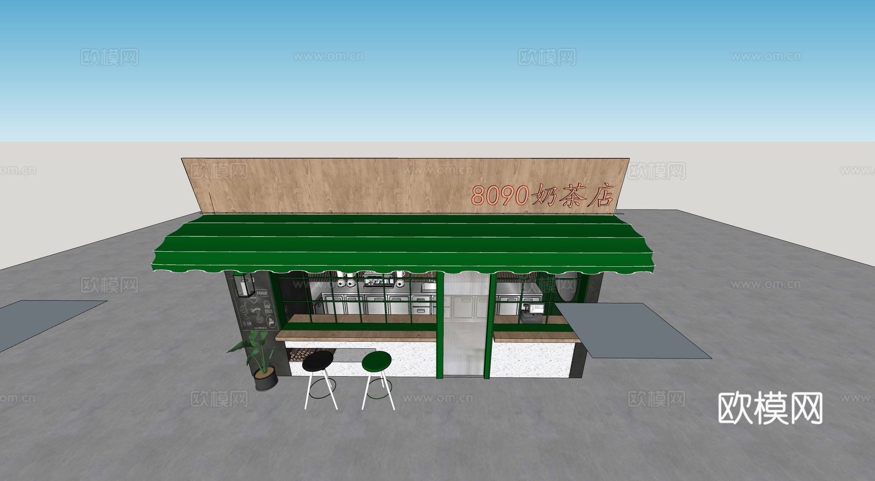现代奶茶店门头门面su模型下载