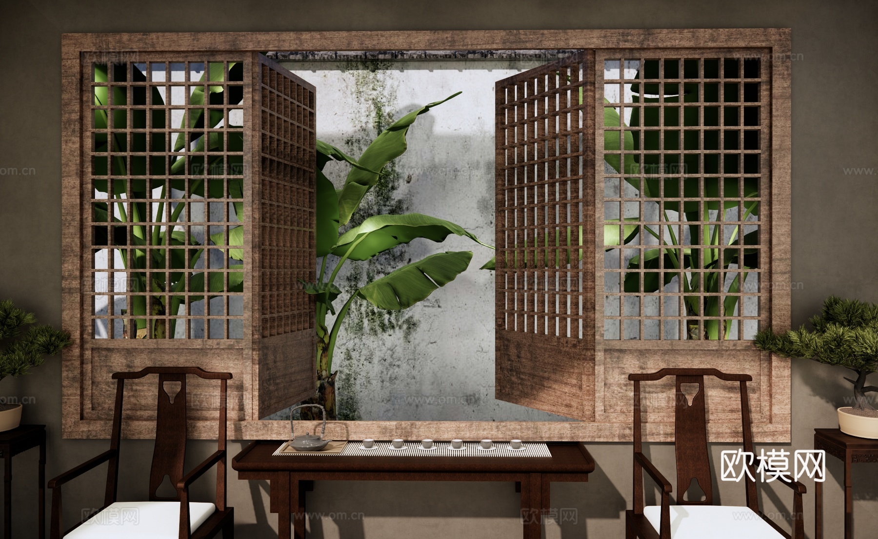 新中式茶室 中式镂空木窗 中式园林窗景 庭园竹林竹子 茶具茶su模型