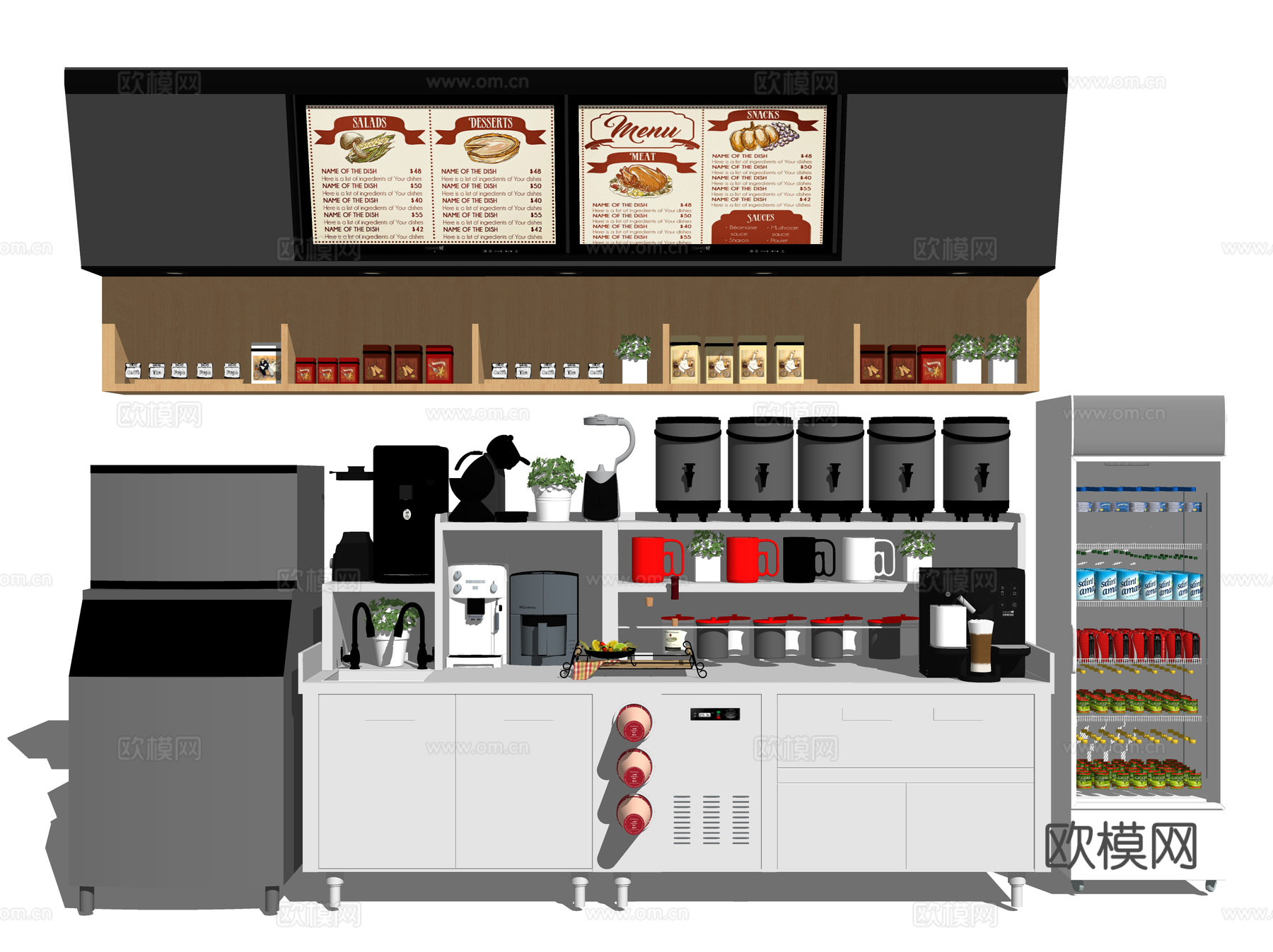 现代奶茶店 奶茶操作台 厨房器具工作台 水吧奶茶桶 饮料冷柜su模型下载
