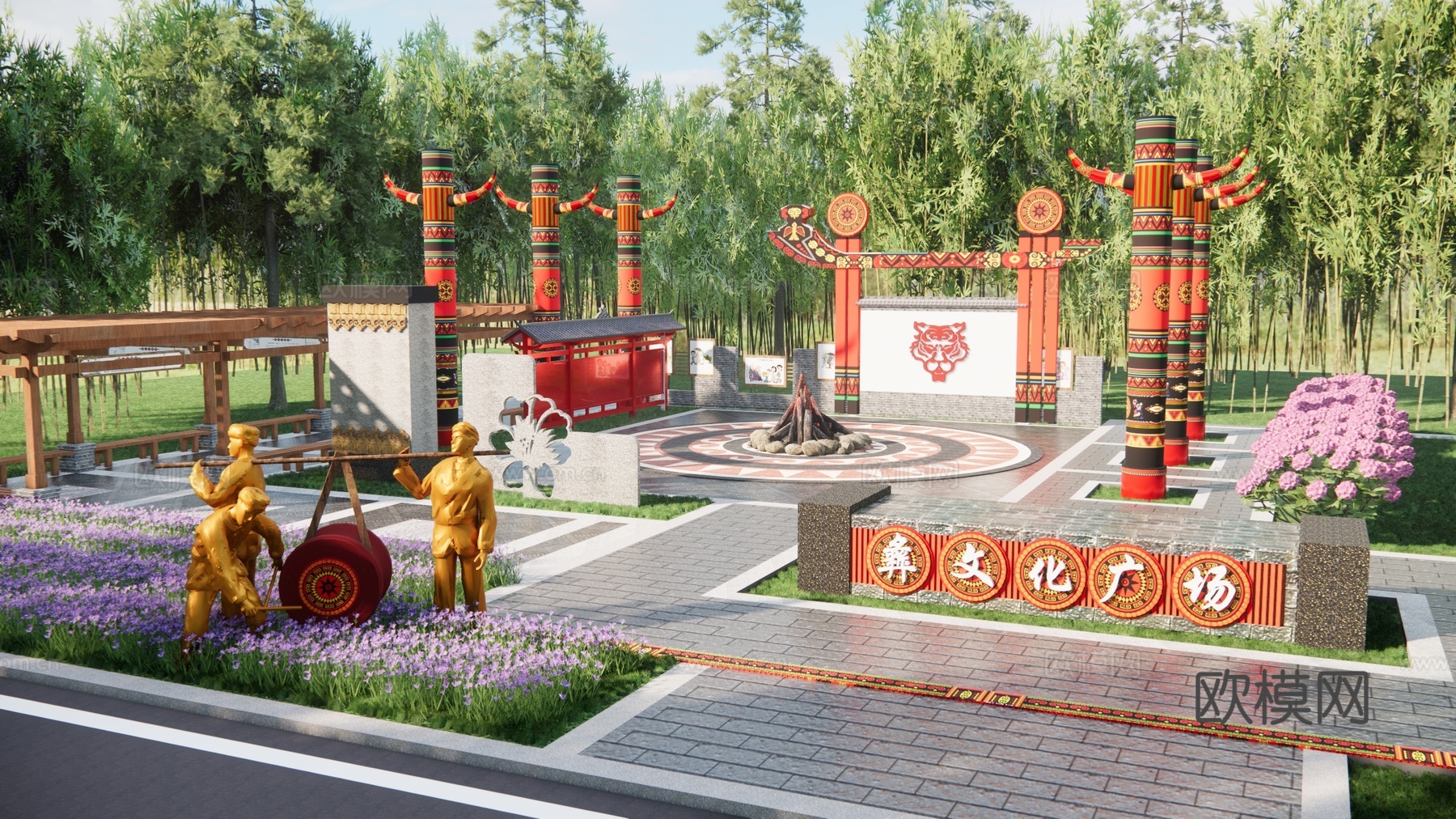 中式彝族广场景观 彝族文化广场su模型下载
