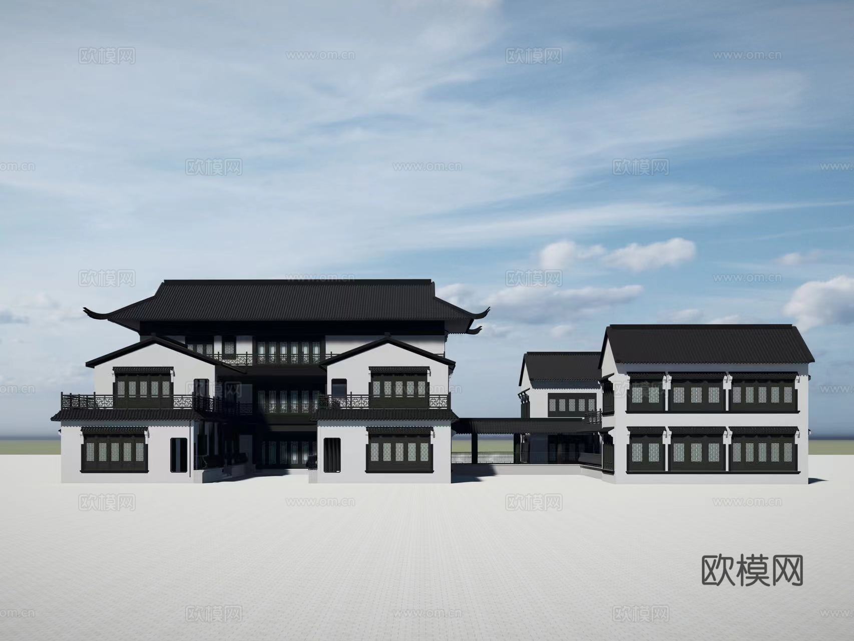 新中式乡村民居建筑外观su模型下载