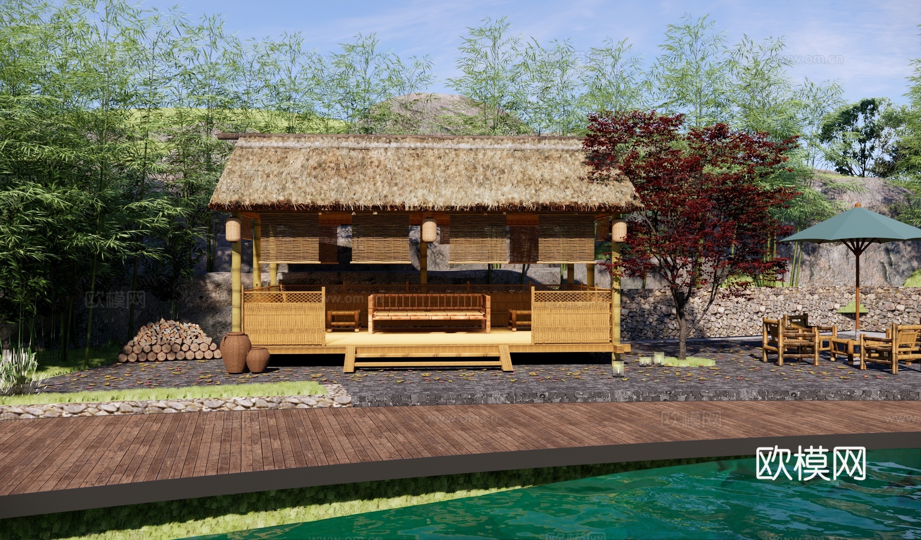 新中式乡村庭院 新中式竹林茅草屋 茅草竹屋 山间小屋 生态竹su模型