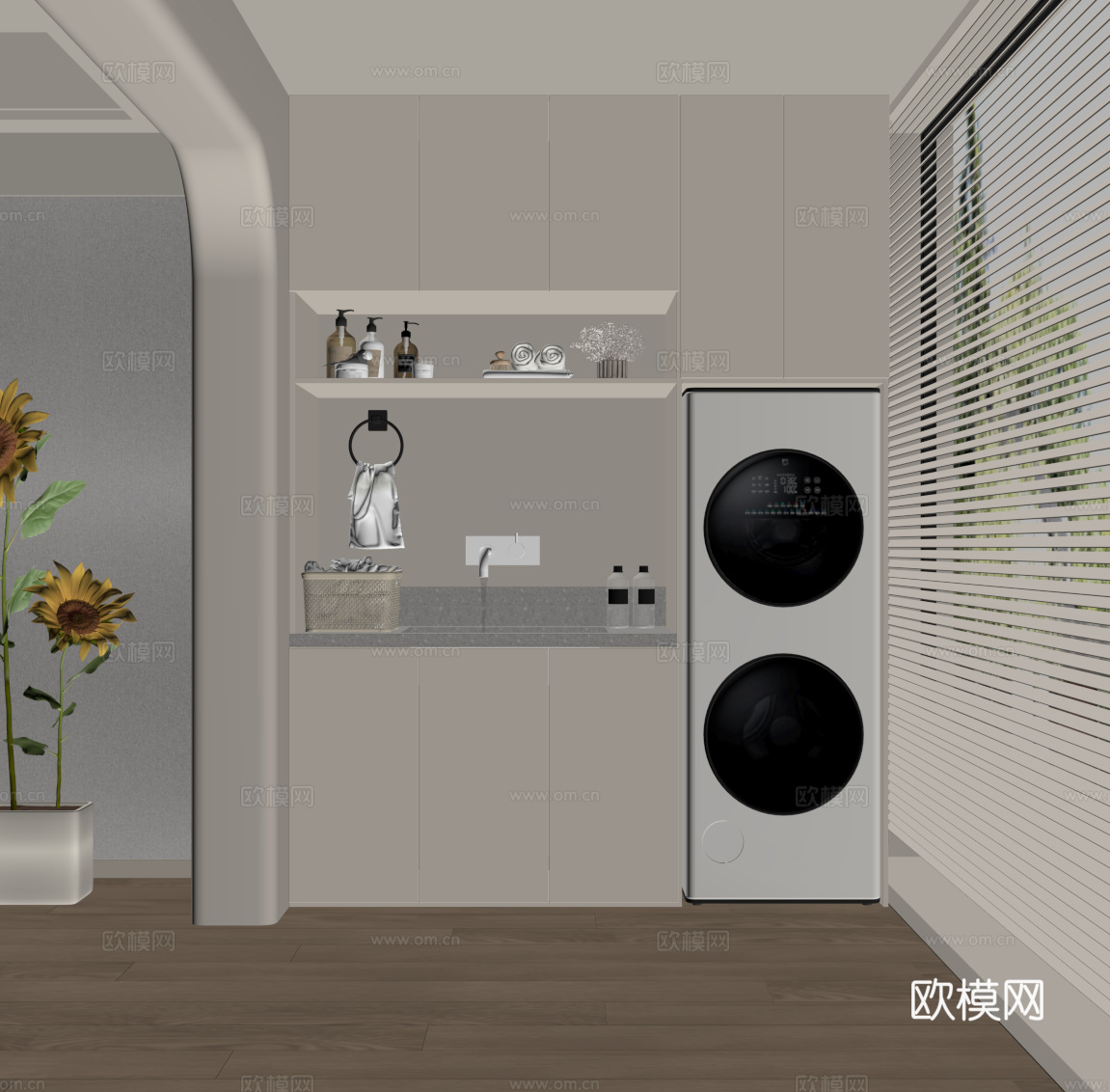 现代奶油风洗衣机柜 阳台柜su模型