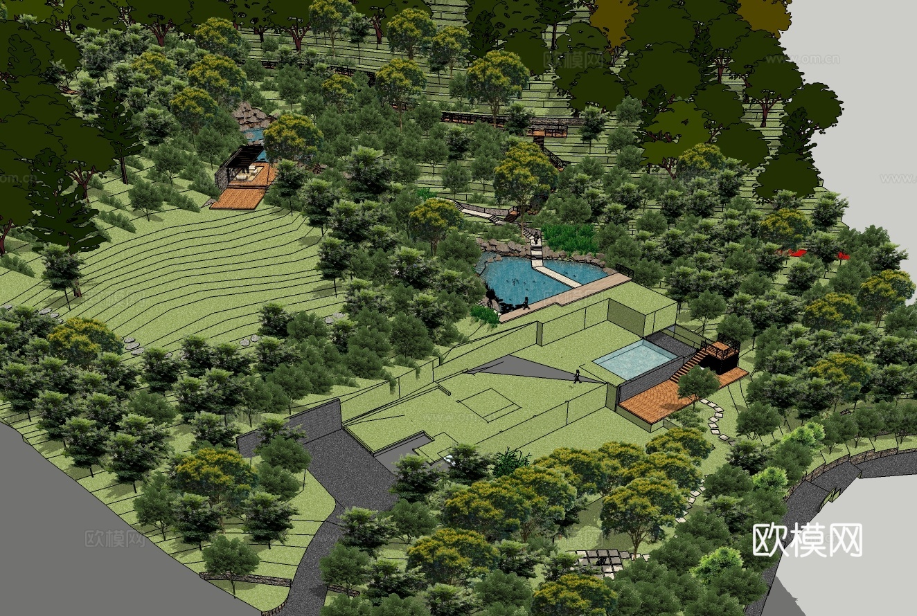 现代山地公园su模型下载