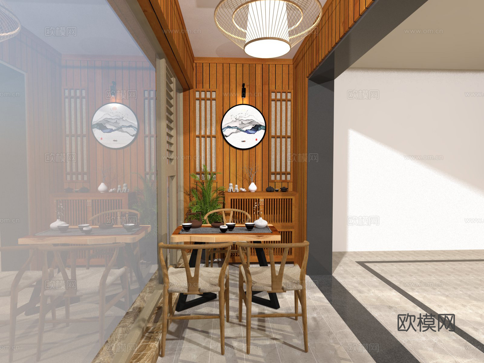 新中式茶室阳台su模型下载
