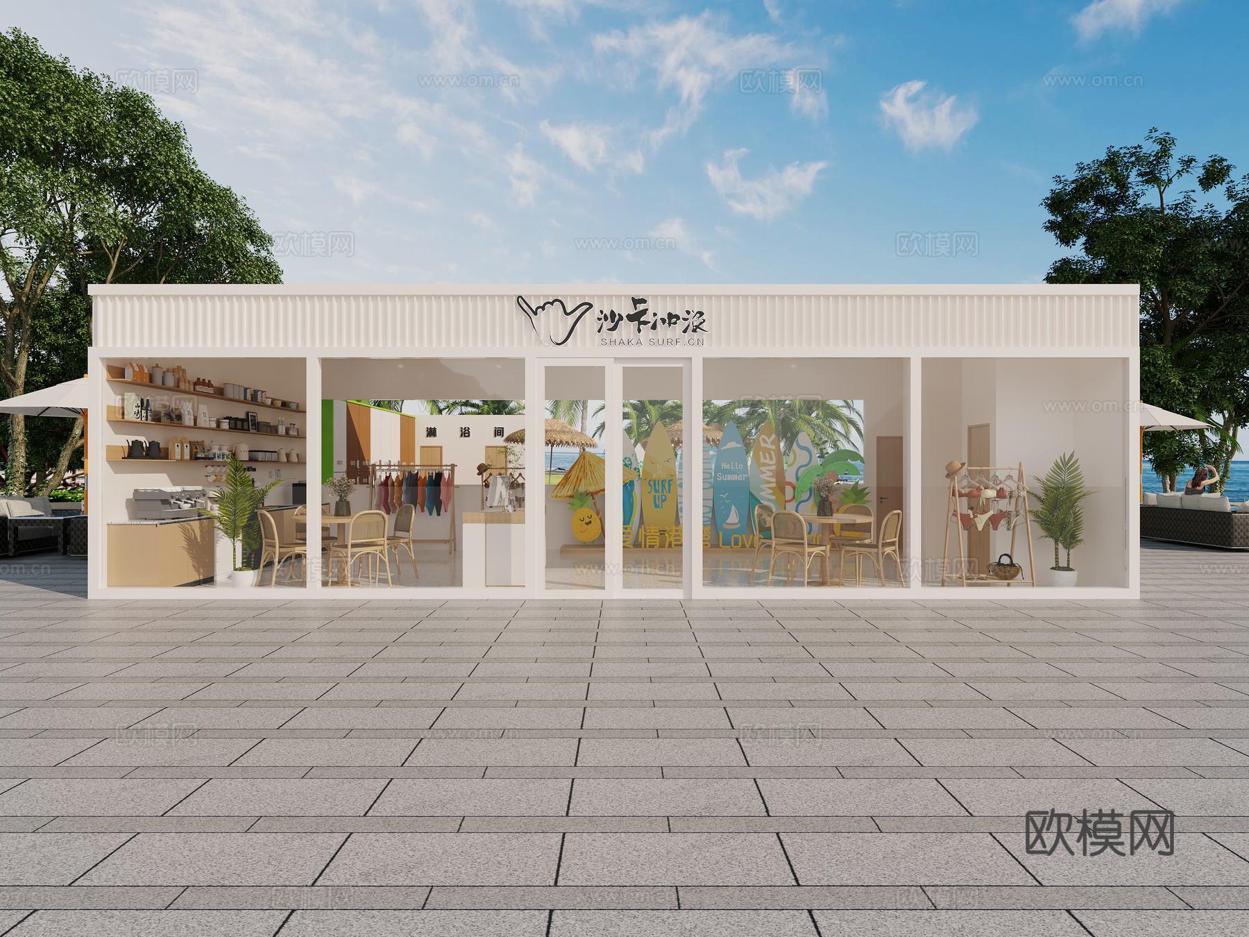 现代海边冲浪板专卖店3d模型