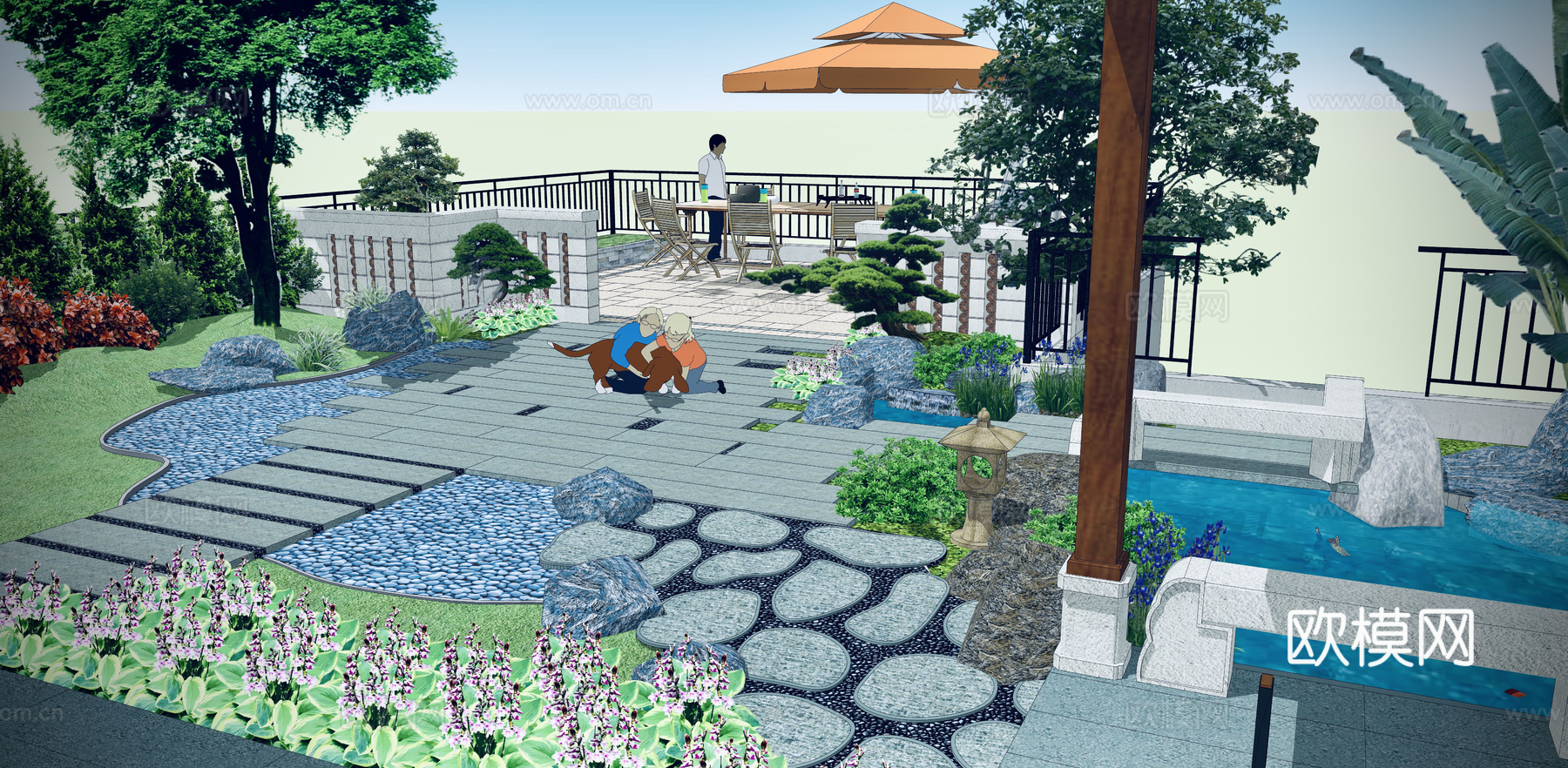 新中式庭院花园su模型下载