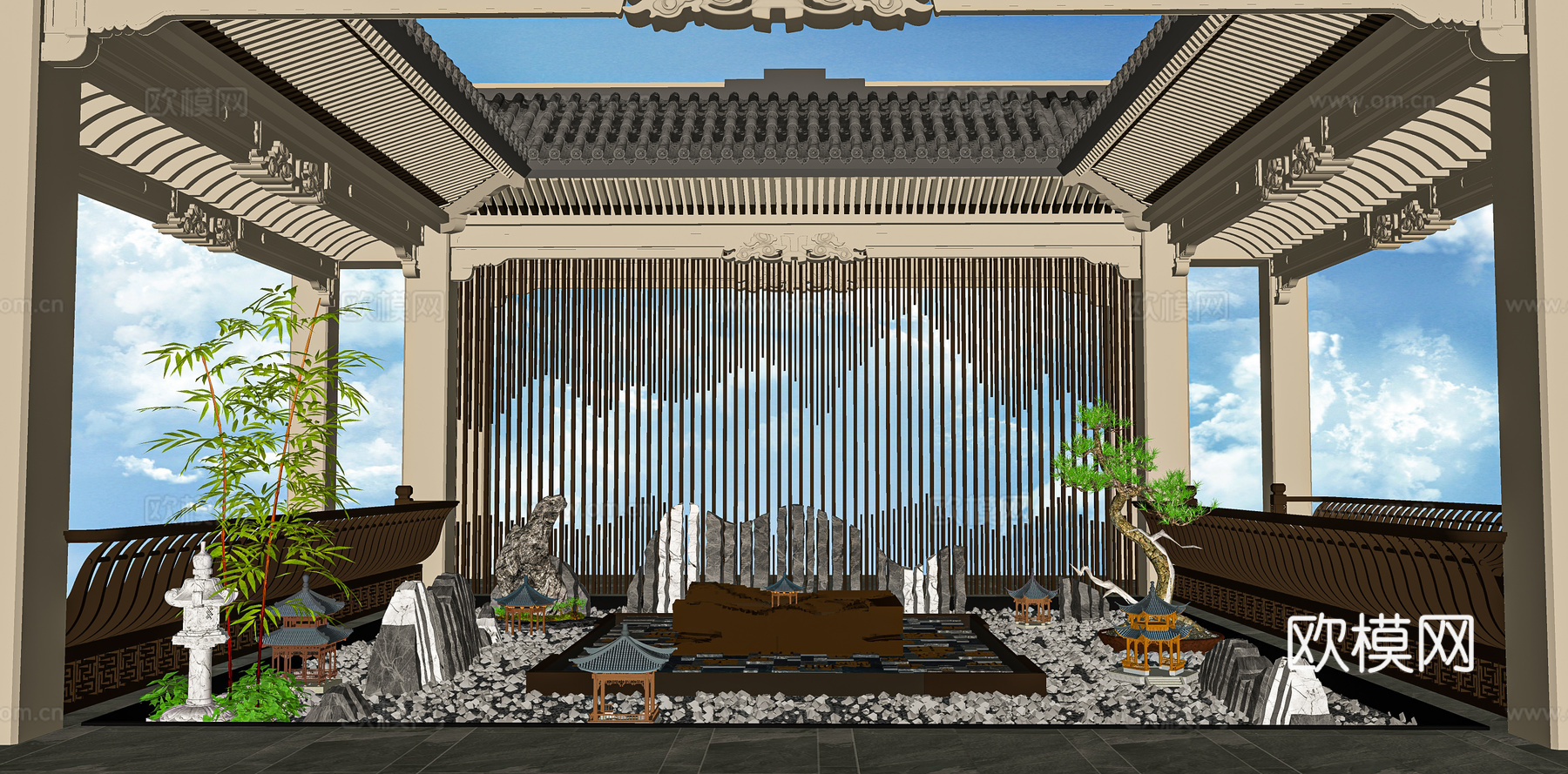 新中式庭院花园su模型下载
