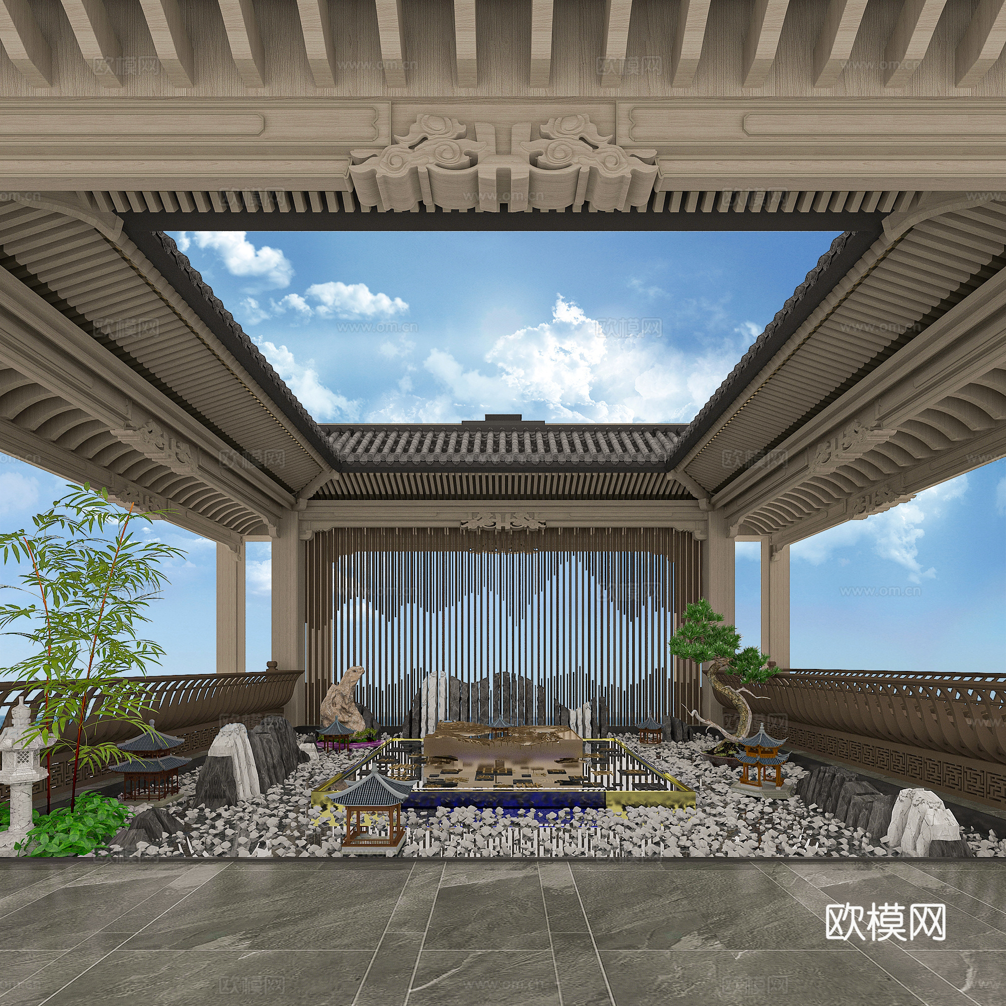 新中式庭院花园su模型下载