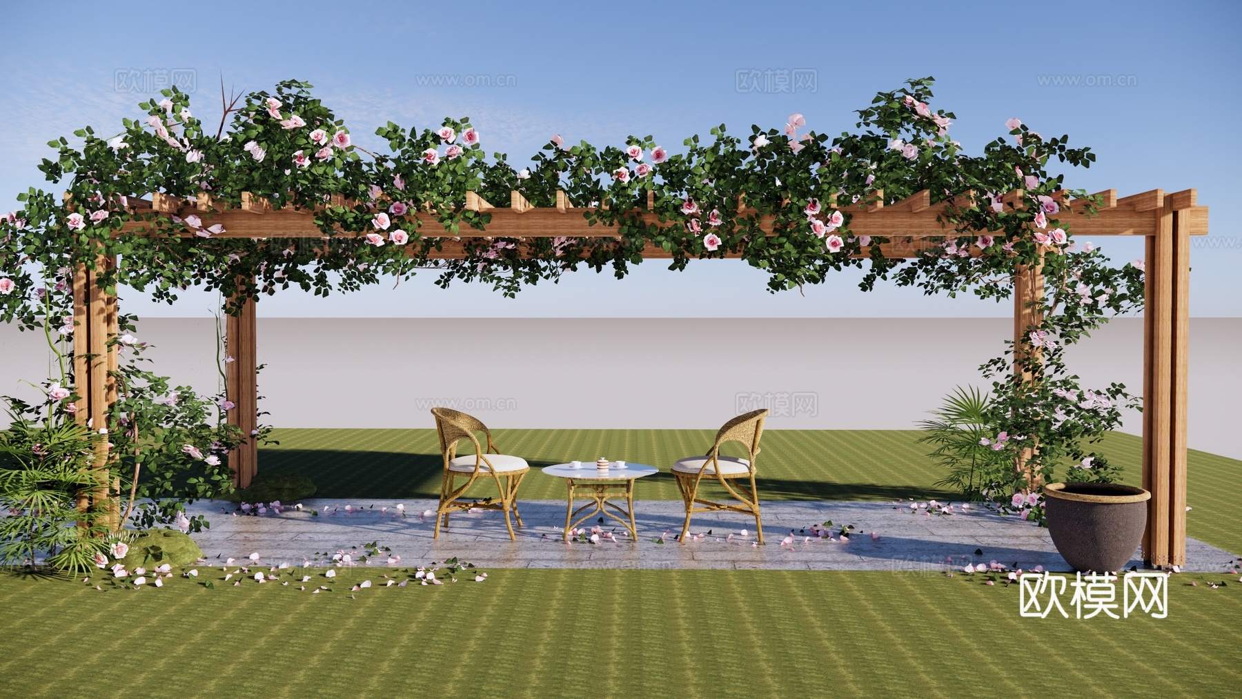 现代廊架 玫瑰花爬藤植物 玫瑰花廊架 庭院景观廊架su模型