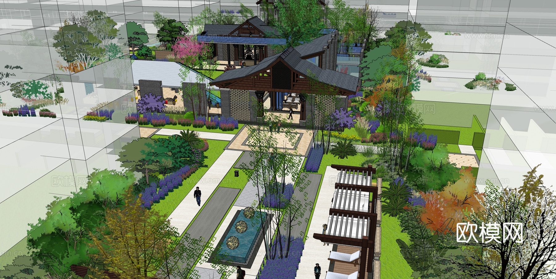 新中式公园景观su模型下载